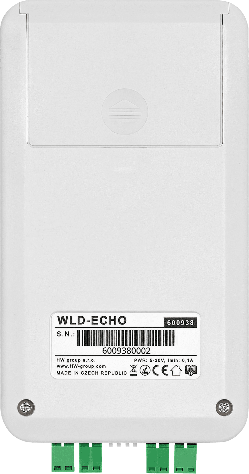 WLD-ECHO vedere spate - conectori alimentare 12V DC și intrări zonă WLD - thumbnail